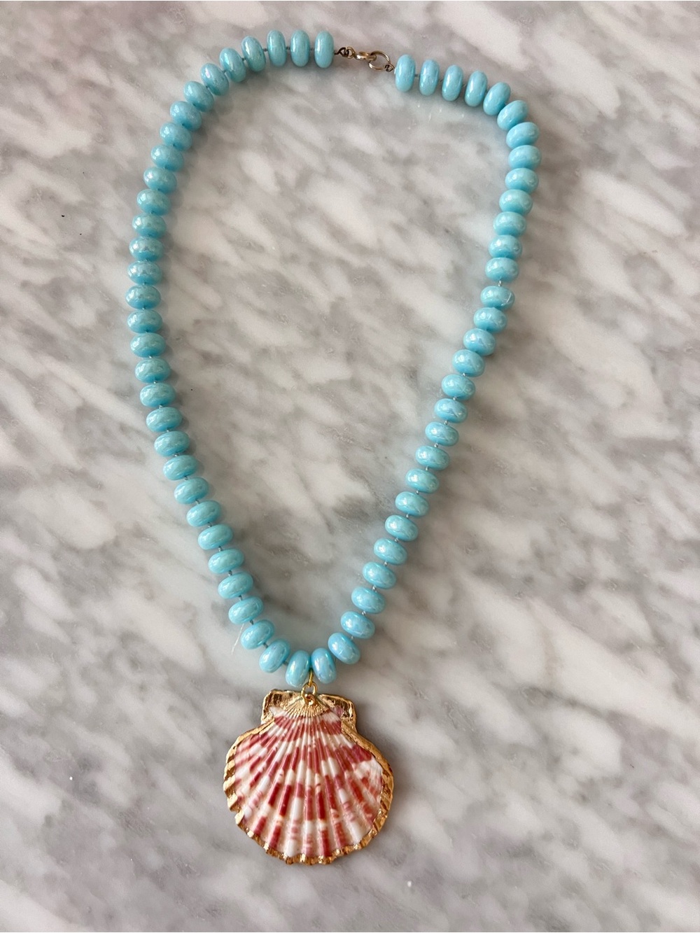 Shell and Plastic Bead Necklace Upcycle - Aqua Blue 18”